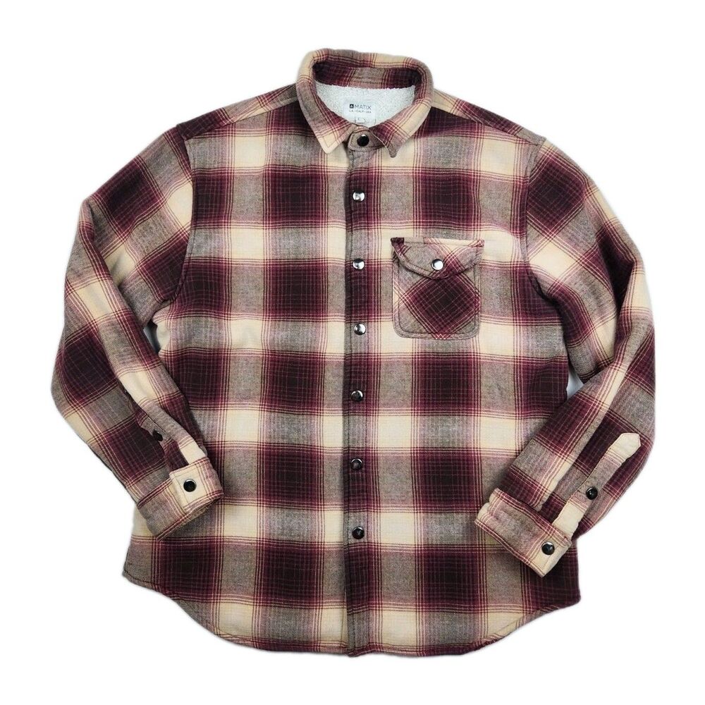 Matix Plaid Flannel Shirt Jacket Sherpa Lining Mens L Snap Bottons Burgundy/Tan